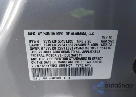 2018 Honda Pilot Ex z USA, uszkodzony, nr VIN 5FNYF5H31JB021407